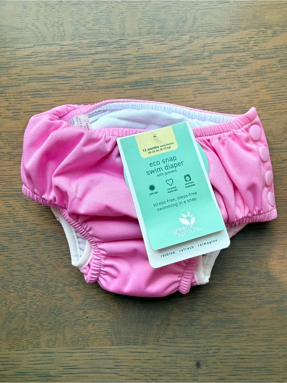 Green Sprouts Pink Eco Snap Swim Diaper - UPF 50 -size 12M (18-22 lbs)- NWT